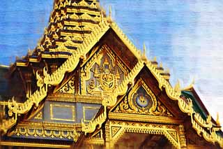 Illust, materieel, vrij, landschap, schilderstuk, schilderstuk, kleuren potlood, crayon, werkje,Decoratie van Chakri Palace, Goud, Boeddha, De koninklijke paleis, Bezoekende touristenplaats