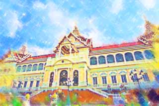 illust, materiale, libero panorama, ritratto dipinto, matita di colore disegna a pastello, disegnando,Palazzo di Chakri, Oro, Budda, Il palazzo reale, Facendo il turista
