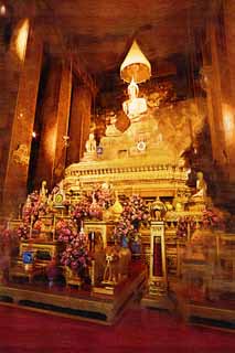 Illust, materieel, vrij, landschap, schilderstuk, schilderstuk, kleuren potlood, crayon, werkje,EEN Boeddhist afbeelding van de watt Poe, Boeddhist afbeelding, Dood van De boeddha tempel, Bescherming afbeelding, Bezoekende touristenplaats