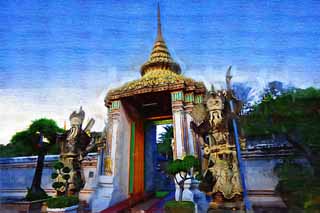 illustration,material,free,landscape,picture,painting,color pencil,crayon,drawing,The gate of watt Poe, Buddhist image, death of Buddha temple, The gate, Sightseeing