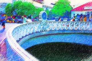 illustration,material,free,landscape,picture,painting,color pencil,crayon,drawing,A railing of a bridge, railing, bridge, Thailand, river