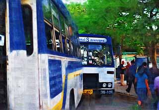 illust, materiale, libero panorama, ritratto dipinto, matita di colore disegna a pastello, disegnando,Un autobus tailandese, autobus, capolinea, macchina, fermata di autobus