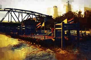 illustration,material,free,landscape,picture,painting,color pencil,crayon,drawing,A lighter of Chao Phraya , barge, lighter, , The Menam