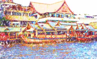 illust,tela,gratis,paisaje,fotografa,idea,pintura,Lpiz de color,dibujo,Un - de Tailandia como bote de placer, Embarcacin, Techo, Flotador, El Menam