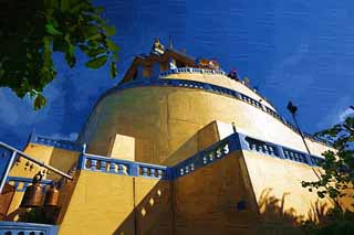 illust, materiale, libero panorama, ritratto dipinto, matita di colore disegna a pastello, disegnando,Wat Sakhet, tempio, pagoda, collina, spirale
