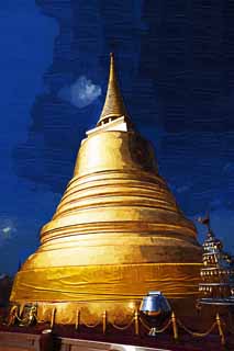 illustration,material,free,landscape,picture,painting,color pencil,crayon,drawing,A pagoda of Wat Sakhet, temple, pagoda, Gold, Bangkok