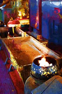 illust, materiale, libero panorama, ritratto dipinto, matita di colore disegna a pastello, disegnando,Un possessore di incenso di Wat Sakhet, tempio, Un bastone di incenso, Fiamma, Bangkok