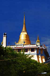 illustration,material,free,landscape,picture,painting,color pencil,crayon,drawing,Wat Sakhet, temple, pagoda, hill, Gold