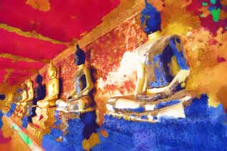 Illust, materieel, vrij, landschap, schilderstuk, schilderstuk, kleuren potlood, crayon, werkje,Een afbeelding van Wat Suthat, Tempel, Boeddhist afbeelding, Corridor, Bangkok