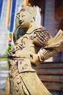 Illust, materieel, vrij, landschap, schilderstuk, schilderstuk, kleuren potlood, crayon, werkje,Een stenig standbeeld van Wat Suthat, Tempel, Boeddhist afbeelding, Stenig standbeeld, Bangkok