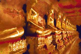 illust, matire, libre, paysage, image, le tableau, crayon de la couleur, colorie, en tirant,Une ligne de l'image bouddhiste d'or de Wat Suthat, temple, Image bouddhiste, couloir, Or