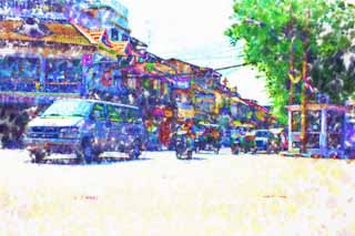 illust, materiale, libero panorama, ritratto dipinto, matita di colore disegna a pastello, disegnando,Una traversata di Bangkok, macchina, motocicletta, segnali, attraversando