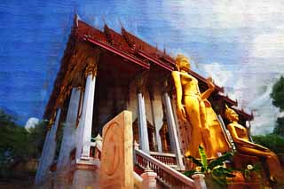 illust, materiale, libero panorama, ritratto dipinto, matita di colore disegna a pastello, disegnando,Budda fortunato, tempio, Immagine buddista, Oro, Bangkok