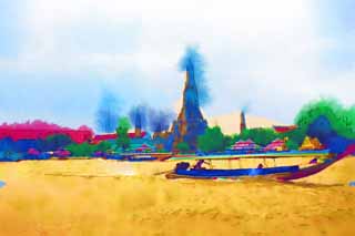 illust, materiale, libero panorama, ritratto dipinto, matita di colore disegna a pastello, disegnando,Tempio di Dawn, tempio, Immagine buddista, tegola, Bangkok