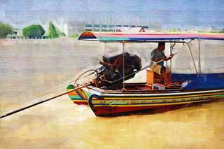 illust, matire, libre, paysage, image, le tableau, crayon de la couleur, colorie, en tirant,Un moteur bateau du rapport direct, Un moteur, bateau, vis, Bangkok