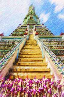 illust, material, livram, paisagem, quadro, pintura, lpis de cor, creiom, puxando,Templo de Dawn, templo, Imagem budista, azulejo, Bangkok