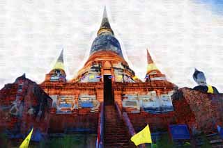 illust,tela,gratis,paisaje,fotografa,idea,pintura,Lpiz de color,dibujo,Da de Che de Ayutthaya, Pagoda, Templo, Idea Buddhist, Sobras de Ayutthaya