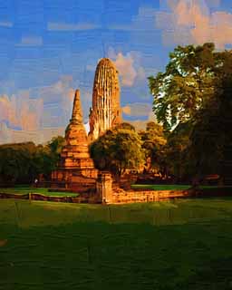 illustration,material,free,landscape,picture,painting,color pencil,crayon,drawing,Wat Phraram, World's cultural heritage, Buddhism, pagoda, Ayutthaya remains