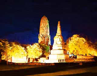illustration,material,free,landscape,picture,painting,color pencil,crayon,drawing,Wat Phraram, World's cultural heritage, Buddhism, building, Ayutthaya remains