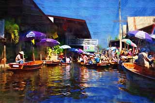 illust, materiale, libero panorama, ritratto dipinto, matita di colore disegna a pastello, disegnando,Mercato di acqua, mercato, Comprando e vendendo, barca, 