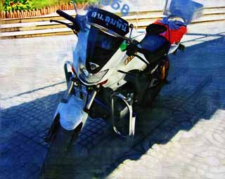 illust,tela,gratis,paisaje,fotografa,idea,pintura,Lpiz de color,dibujo,Una motocicleta de la polica blanca tailandesa, Motocicleta, , Motocicleta de la polica blanca, La polica