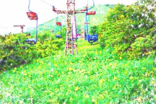 illustration,material,free,landscape,picture,painting,color pencil,crayon,drawing,A ski lift in Kisuge plateau, ski lift, I am similar, and a kid is isolated and fixes it, day lily, Nikko
