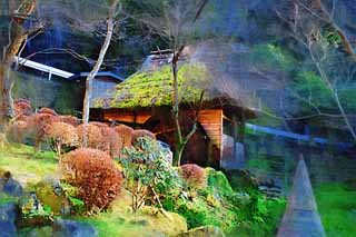 illustration,material,free,landscape,picture,painting,color pencil,crayon,drawing,A watermill, roof of thatch, thatched roof, waterwheel, Japanese-style building