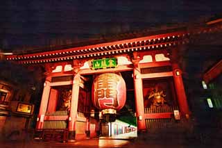 illustration,material,free,landscape,picture,painting,color pencil,crayon,drawing,Kaminari-mon Gate, Mt. money dragon, Asakusa, sightseeing spot, Shops lining a passageway
