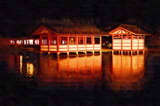 illustration,material,free,landscape,picture,painting,color pencil,crayon,drawing,The night of Itsukushima-jinja Shrine, World's cultural heritage, main shrine, Shinto shrine, I am cinnabar red