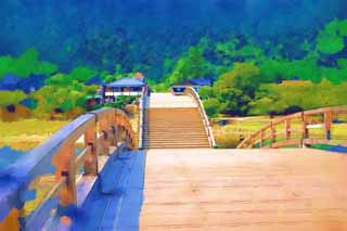 illust, matire, libre, paysage, image, le tableau, crayon de la couleur, colorie, en tirant,Kintai-kyo lient, Kintai-kyo lient, place note, visiter des sites pittoresques tache, pont