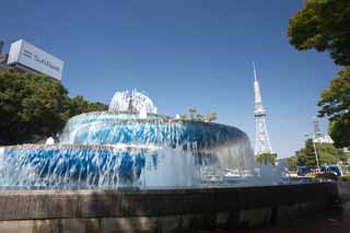 photo,material,free,landscape,picture,stock photo,Creative Commons,Nagoya Television Tower and a fountain, television tower, An electric wave, TV, Television