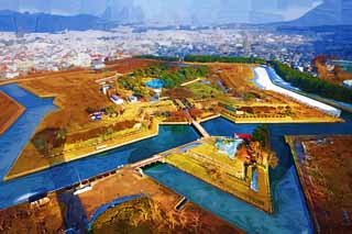illustration,material,free,landscape,picture,painting,color pencil,crayon,drawing,Goryokaku Fort whole view, moat, castle, The late Tokugawa period, The history