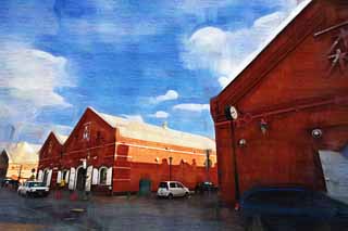 illustration,material,free,landscape,picture,painting,color pencil,crayon,drawing,A red brick warehouse, red brick, warehouse, The history, port