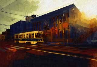 illust, materiale, libero panorama, ritratto dipinto, matita di colore disegna a pastello, disegnando,Un tram di Hakodate, tram, , Vuole dire di trasporto, porto