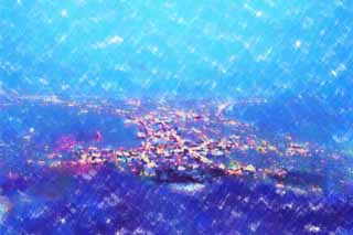 illust, matire, libre, paysage, image, le tableau, crayon de la couleur, colorie, en tirant,Une vue de la nuit de Mt. Hakodate-yama, Illuminations, Un observatoire, lumire de ville, ville de port
