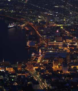 fotografia, material, livra, ajardine, imagine, proveja fotografia,Uma viso noturna de Mt. Hakodate-yama, Iluminaes, Um observatrio, luz de cidade, a cidade de porto