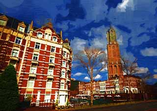 illustration,material,free,landscape,picture,painting,color pencil,crayon,drawing,Scenery of Huis Ten Bosch, cloud, blue sky, tower, hotel