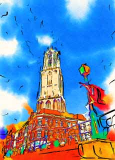 illustration,material,free,landscape,picture,painting,color pencil,crayon,drawing,A symbol tower, cloud, blue sky, tower, streetlight