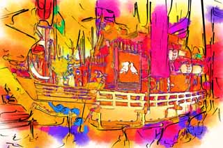 illustration,material,free,landscape,picture,painting,color pencil,crayon,drawing,A festival car of Nagasaki KUNCHI, ship, lantern, festival, festival car