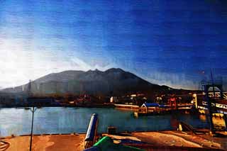 illustration,material,free,landscape,picture,painting,color pencil,crayon,drawing,Shimabara outport, port, ferry, mountain, Shimabara