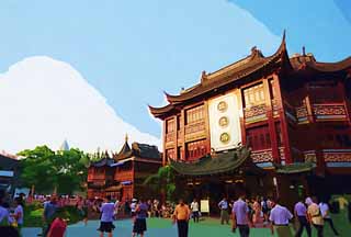 Illust, materieel, vrij, landschap, schilderstuk, schilderstuk, kleuren potlood, crayon, werkje,Yu Yuan, Yuyuan, , , Chinees gebouw
