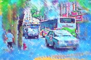 illustration,material,free,landscape,picture,painting,color pencil,crayon,drawing,According to Shanghai, bus, taxi, Asphalt, passerby