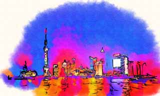 Illust, materieel, vrij, landschap, schilderstuk, schilderstuk, kleuren potlood, crayon, werkje,Een avond uitzicht van Huangpu Jiang, Naar het oosten maken bal toren aan, Ik maak het boven aan, Illuminering, Schip