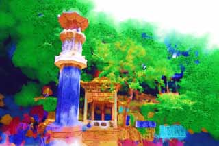 illustration,material,free,landscape,picture,painting,color pencil,crayon,drawing,HuQiu, rock, tower, Sword Pond, 