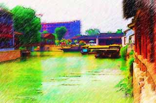 illust, materiale, libero panorama, ritratto dipinto, matita di colore disegna a pastello, disegnando,Un canale di Suzhou, nave, canale, riva, luogo che costruisce