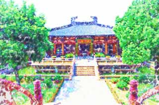 illustration,material,free,landscape,picture,painting,color pencil,crayon,drawing,The sermon hall of the mountain in winter temple, pond, bridge, pillar, Buddhism