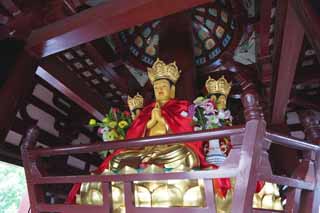 fotografia, material, livra, ajardine, imagine, proveja fotografia,Uma imagem budista em Cinco Pagode de Storeyed da montanha em templo de inverno, Imagem budista, Ouro, , Budismo