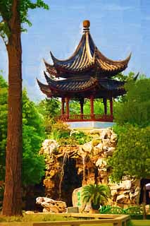 illustration,material,free,landscape,picture,painting,color pencil,crayon,drawing,Watar fall, Chinese style, roof, waterfall, 