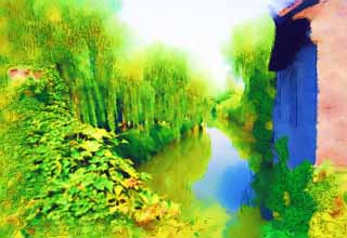 Illust, materieel, vrij, landschap, schilderstuk, schilderstuk, kleuren potlood, crayon, werkje,Een kanaal van Suzhou, Wilg, Kanaal, Waterkant, Water