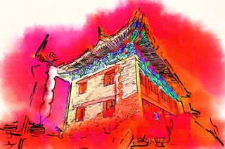 illust, material, livram, paisagem, quadro, pintura, lpis de cor, creiom, puxando,O porto de Einei, Chang'an, porto de castelo, tijolo, A histria